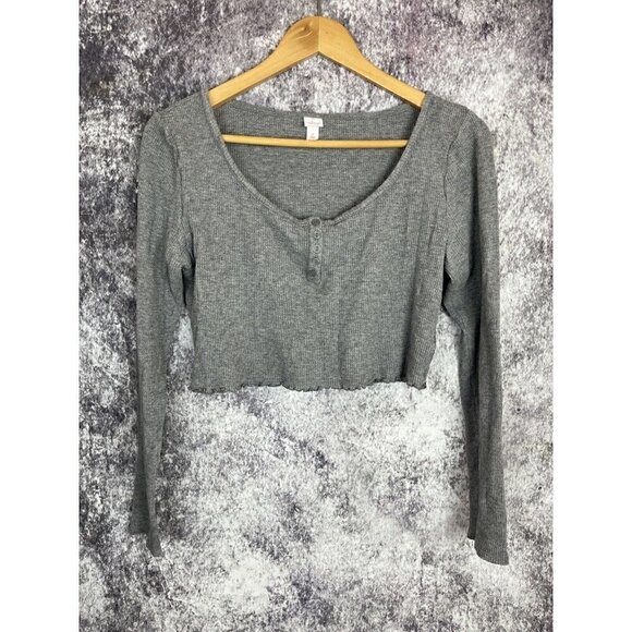 Colsie Soft Light Gray Lettuce Edge Long-Sleeve Cropped Top Blouse Women Size M - Picture 1 of 10